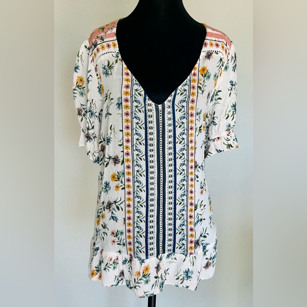 Lucky Brand Boho Eyelet Floral Blouse Cottagecore Fairycore Peasant Top 1X J1265